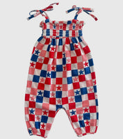 Red, White, Blue & Pink Checkerboard / Organic Smocked Jumpsuit
