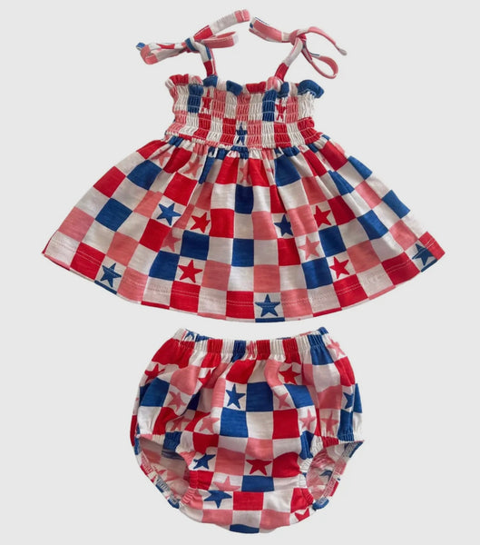 Red, White, Blue & Pink Checkerboard / Organic Smocked Set