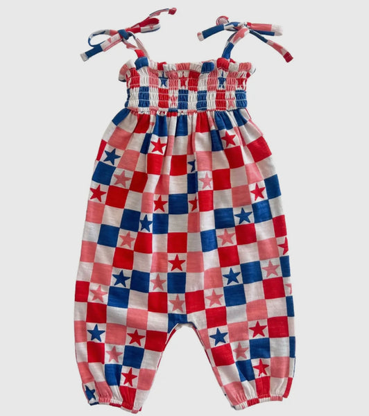 Red, White, Blue & Pink Checkerboard / Organic Smocked Jumpsuit